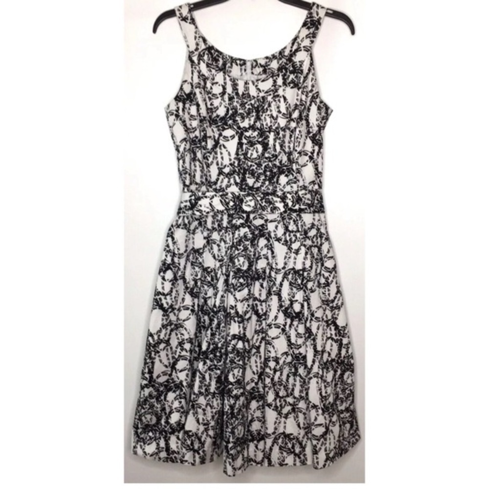 Calvin Klein Petite White Black Sleeveless Pleated Dress Tie Party 4P EUC #821